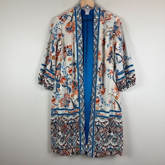 Chico's Kimono Jacket Women's 4P Multi Floral 3/4 Sleeve Open Front Duster Boho - Picture 1 of 8